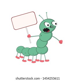 A funny cartoon green caterpillar holds in its hand a rectangular tablet and shouts loudly.