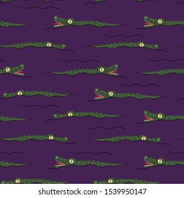Funny cartoon green crocodiles swim in a violet river, seamless vector background. Alligators with open jaws and close mouth