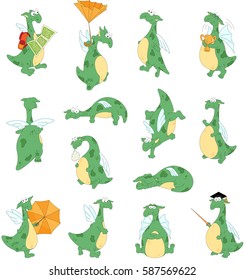 Funny cartoon green dragon set isolated on white