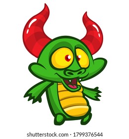 Funny cartoon green dragon. Vector illustration of cute monster creature