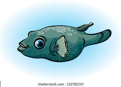 Funny cartoon green fish with big blue eyes on a white background.