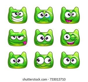 Funny cartoon green  jelly monster with different emotions. Vector icons, isolated on white background.