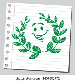 Funny cartoon green laurel wreath smiling.