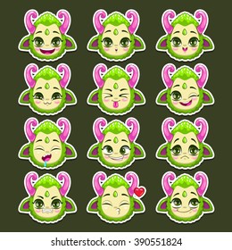 Funny cartoon green monster emotions set, vector stickers elements