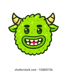 Funny cartoon green monster face. Cute Halloween character icon, isolated vector illustration.