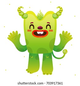 Funny cartoon green monster, isolated in background, children's illustration for Halloween or birthday, design, vector.