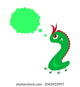 Funny cartoon green monster with speech bubble. Monster with empty message bubble