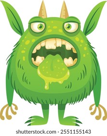 Funny cartoon green monster sticking out its tongue with saliva dripping, featuring horns, claws, and green fur, ideal for children s illustrations, halloween designs, or fantasy projects