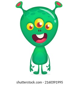 Funny cartoon green monster with three eyes. Halloween Illustration of happy alien character. Package or logo design. Vector isolated