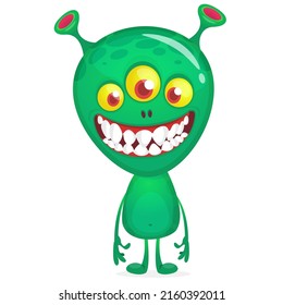 Funny cartoon green monster with three eyes. Halloween Illustration of happy alien character