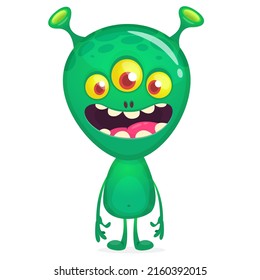 Funny cartoon green monster with three eyes. Halloween Illustration of happy alien character. Package or logo design. Vector isolated