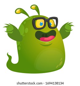 Funny cartoon green monster wearing eyeglasses. Vector Halloween illustration