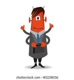 Funny  cartoon  green monsterin a suit holding  case. Vector illustration