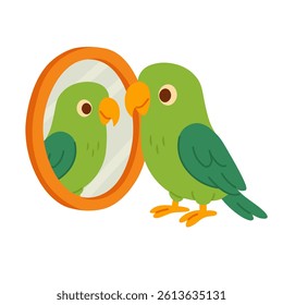 Funny cartoon green parrot looking at reflection in mirror. Flat vector clipart of pet bird.