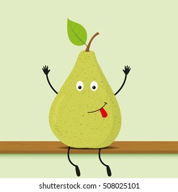 Funny cartoon green pear. Vector illustration