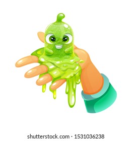 Funny cartoon green slimy character sitting on the hand. Cute slime toy. Vector illustration.