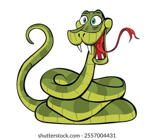 Funny cartoon green snake in comic style. Symbol of China New year. Vector on transparent background