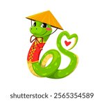 Funny cartoon green snake conveys love, valentine day and Chinese new year character wears conical hat and a traditional red outfit forming its tail into a heart shape with a small red heart inside