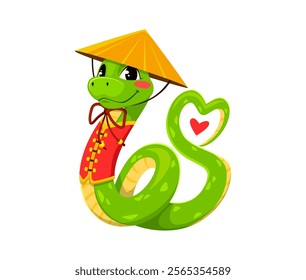 Funny cartoon green snake conveys love, valentine day and Chinese new year character wears conical hat and a traditional red outfit forming its tail into a heart shape with a small red heart inside