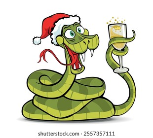 Funny cartoon green snake in Santa hat with champagne glass. Symbol of China New year. Vector in comic style on transparent background