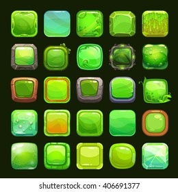 Funny cartoon green square buttons collection, vector assets for game or web design