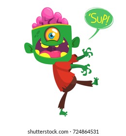 Funny cartoon green zombie on a light gray background. Halloween. Vector illustration