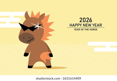 Cartão engraçado de desenho animado para o ano novo chinês do cavalo, ou ano novo lunar 2026. Bonito cavalo de desenho animado com nuvens auspiciosas padrão de fundo.