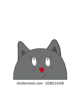 Funny cartoon grey cat looking from the bottom of the page - original hand drawn illustration