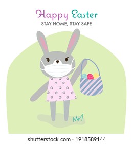 Funny cartoon grey rabbit with protective medical face mask holding basket with bright eggs. Happy easter stay home, stay safe, stay health greeting card on white background. Isolated, clip art.