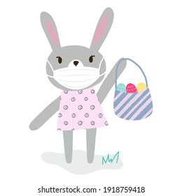 Gracioso conejo gris de dibujos animados con máscara protectora de cara médica sosteniendo una cesta con huevos brillantes. Felices pascuas en casa, quédate a salvo, mantente a salvo con tarjeta de felicitación de salud sobre fondo blanco. Aislado, arte de video...