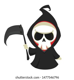 Funny cartoon grim reaper with scythe. Halloween death character illustration