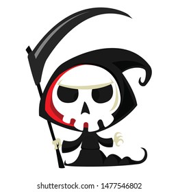 Funny cartoon grim reaper with scythe. Halloween death character illustration