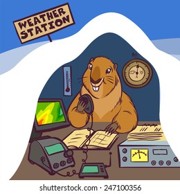 Funny cartoon groundhog on weather station predicts the weather