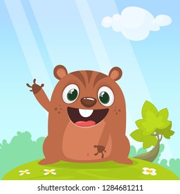 Funny cartoon groundhog waving on spring forest background with a grass flowers and tree. Happy groundhog day. Vector illustration
