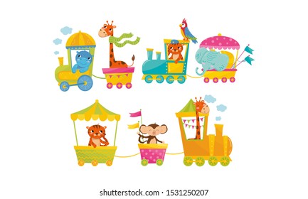 Funny Cartoon Group Of Zoo Animals Riding In Train Vector Illustration