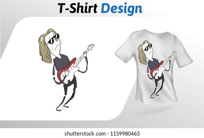 Funny cartoon guitar player rocking out on stage, t-shirt print. Colorful mock up t-shirt design template. Vector template, isolated on white background.