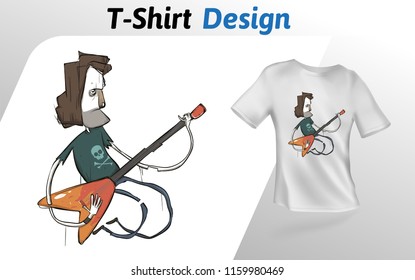 Funny cartoon guitar player rocking out on stage, t-shirt print. Colorful mock up t-shirt design template. Vector template, isolated on white background.