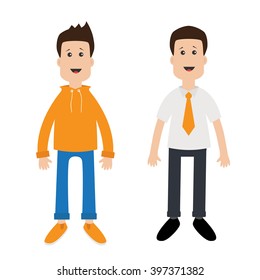 Funny cartoon guy Cute boy character.  Casual dress style. Businessman Office manager. Life and work balance concept. Surprise emotion. Isolated White background. Flat design Vector illustration
