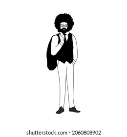 funny cartoon guy with glasses with a jacket thrown over the back