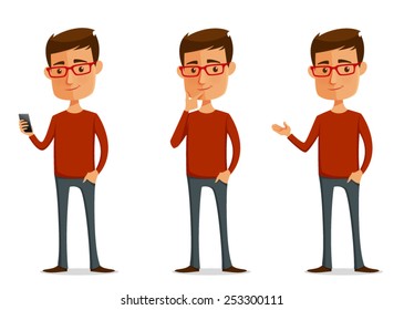 funny cartoon guy with glasses in various poses. Friendly handsome man in casual clothes, holding a cell phone or gesturing. Isolated on white.