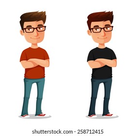 funny cartoon guy in jeanse, standing with his arms crossed. A confident young man with glasses. Isolated on white. Vector eps file.