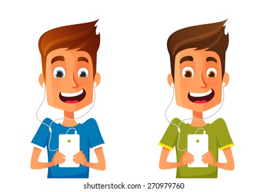 funny cartoon guy listening to music from his cell phone. Cute cartoon character of a happy young man excitingly using his mobile phone. Isolated on white. Vector eps file.