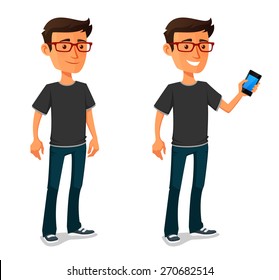 Funny Cartoon Guy With Mobile Phone. Happy Young Man In Casual Clothes. Cartoon Character, Isolated On White.