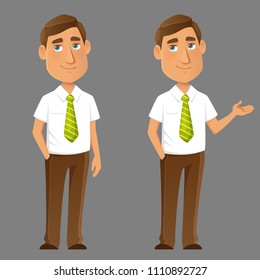 Funny Cartoon Guy In Smart Casual Office Clothes. Young Man In Bussiness Attire, Assistant Or Manager, Gesturing For Presentation. 