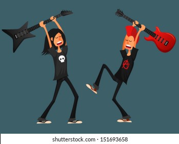 funny cartoon guy smashing guitar. Young men, musicians and singers. Funny cartoon people. Vector eps file.