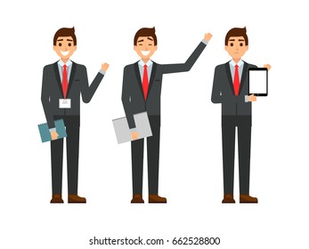 funny cartoon guy in the suit, gesturing. Set of businessman characters point and showing at tablet computer. Happy young people smiling. Flat design