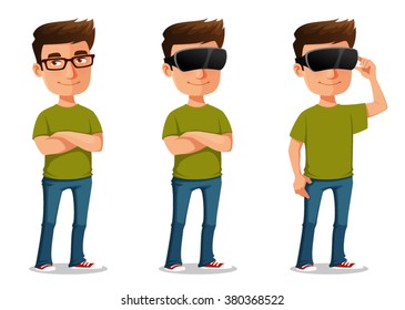 funny cartoon guy using virtual reality glasses. Young man standing with his arms crossed, smiling. Cartoon character, isolated on white.