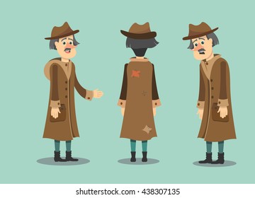 funny cartoon guy in various poses wearing a raincoat