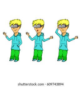 Funny cartoon guy with virtual reality headset