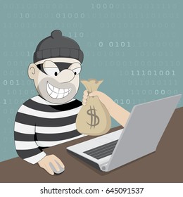 Funny cartoon hacker stealing money from laptop.Concept of cyber crime.